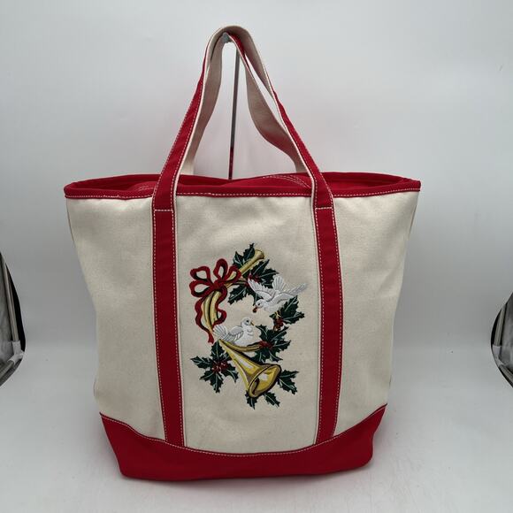 Lands End Christmas embroidered 2 Turtle Doves LARGE Canvas Tote Bag Zip Closei’ - Picture 2 of 15